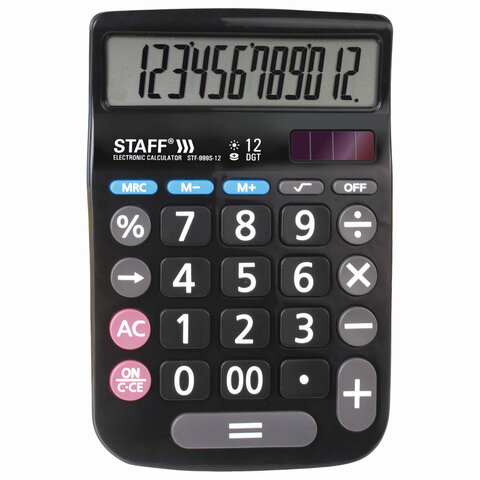 Калькулятор настольный STAFF PLUS DC-999S-12, КОМПАКТНЫЙ (160x106 мм), БОЛЬШИЕ КНОПКИ, 12 разрядов, двойное питание, 250426#S